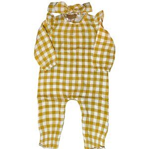 Mud Pie 12-18m NWT Gingham Romper Bodysuit Headband Set Mustard yellow cotton ga